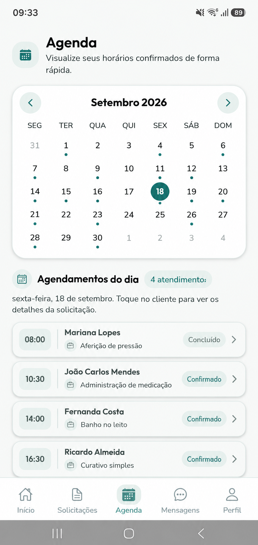 Tela ilustrativa da agenda do KICUIDA